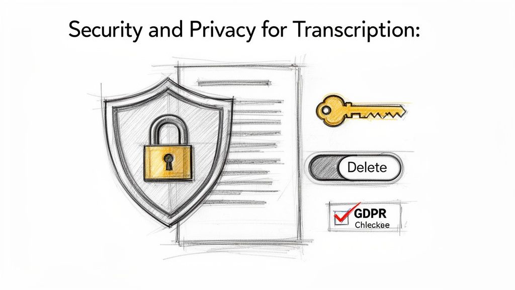 Security and privacy concepts for transcription, featuring a padlock, key, delete button, and GDPR compliance.