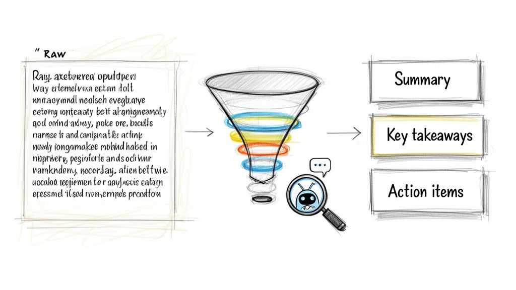 Diagram showing raw text processed through a funnel by AI to generate summary, key takeaways, and action items.