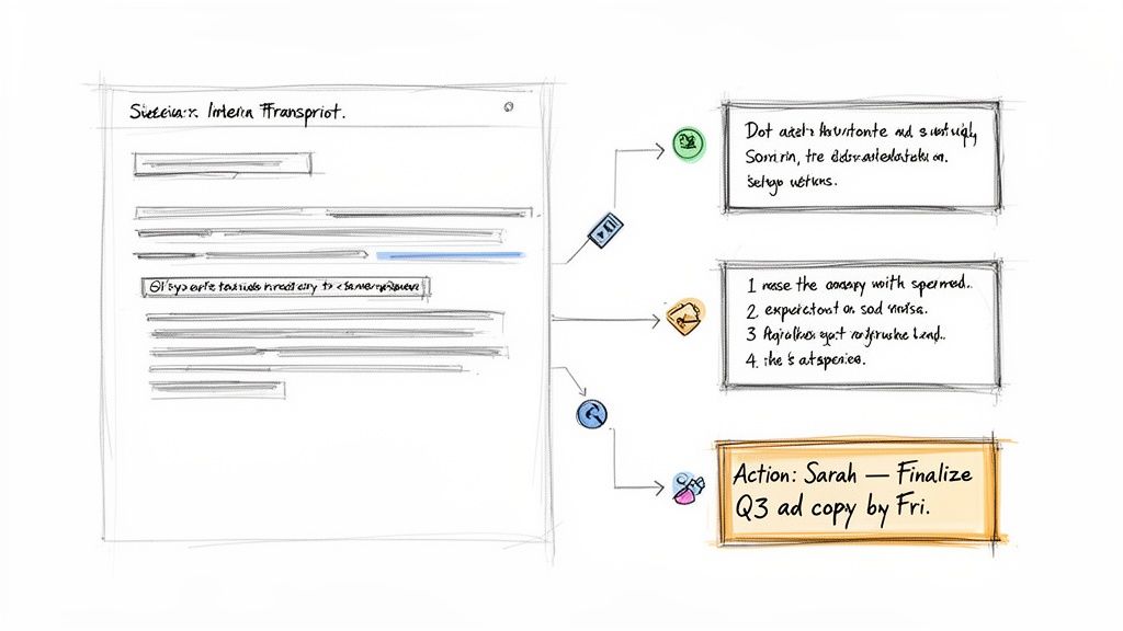 A hand-drawn diagram showing a document with notes, linked to various tasks and observations.