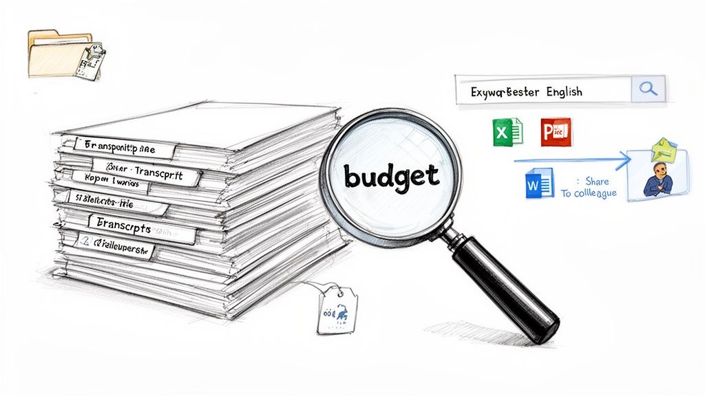 A magnifying glass highlights 'budget' amidst stacks of documents, with search and sharing icons.