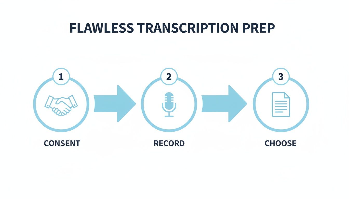 A clear, concise diagram illustrating three steps for flawless transcription preparation: Consent, Record, Choose.
