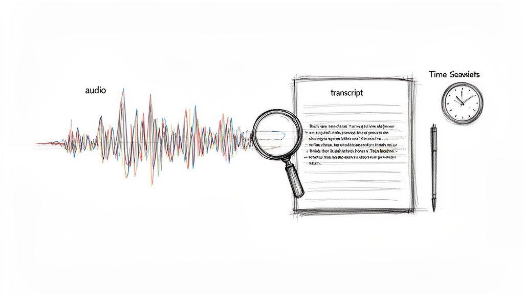 A diagram illustrating audio waveform being processed and transcribed into text, with a magnifying glass and a clock.