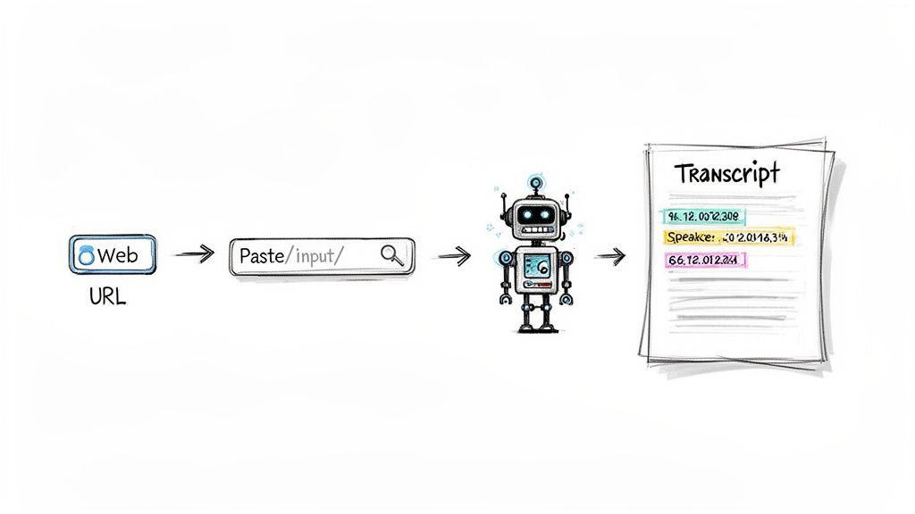 Workflow diagram showing a web URL being input, processed by a robot, and output as a text transcript.