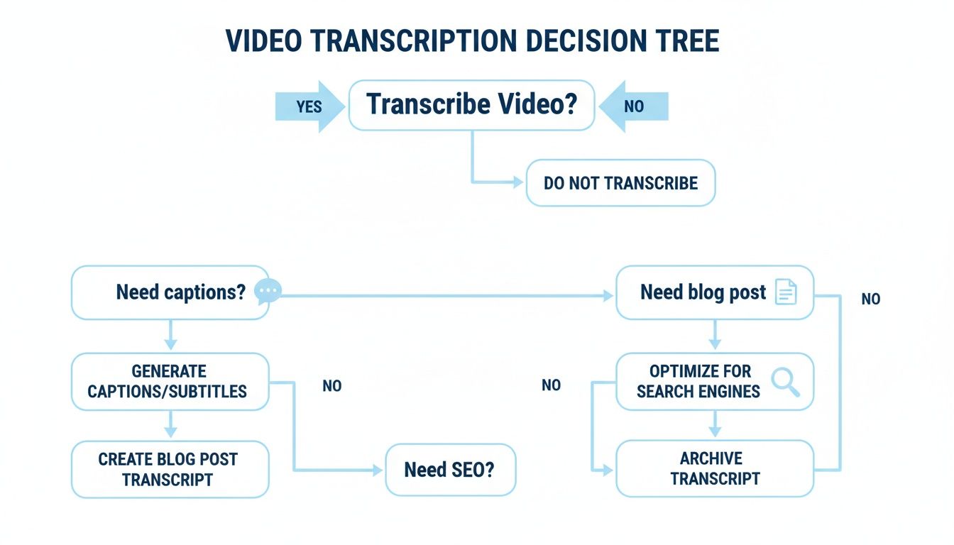 A decision tree flowchart illustrating the steps for video transcription, caption generation, blog posts, and SEO.