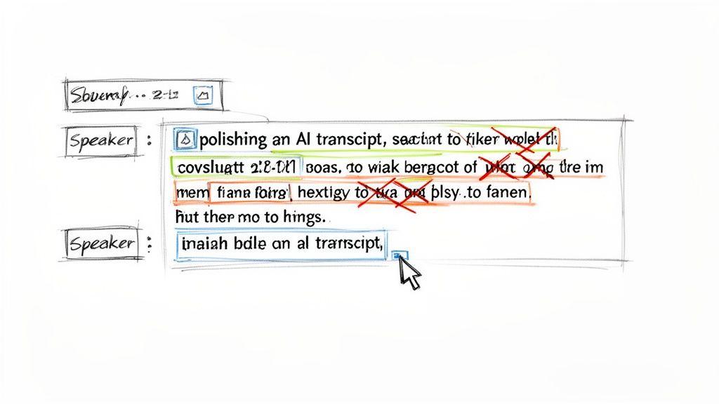 Hand-drawn interface for editing an AI transcript, showing text corrections, crossed-out words, and a cursor.