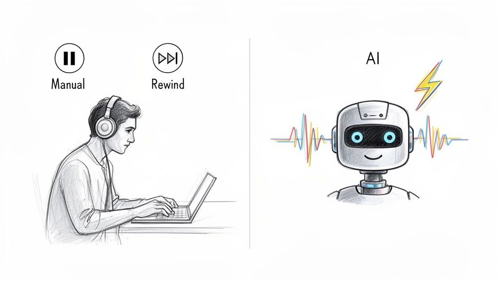 Hand-drawn illustration comparing a person manually working on a laptop to a smart AI robot.