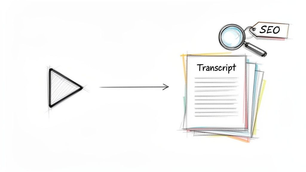 Sketch of a play button transforming into a stack of text transcripts for SEO optimization.