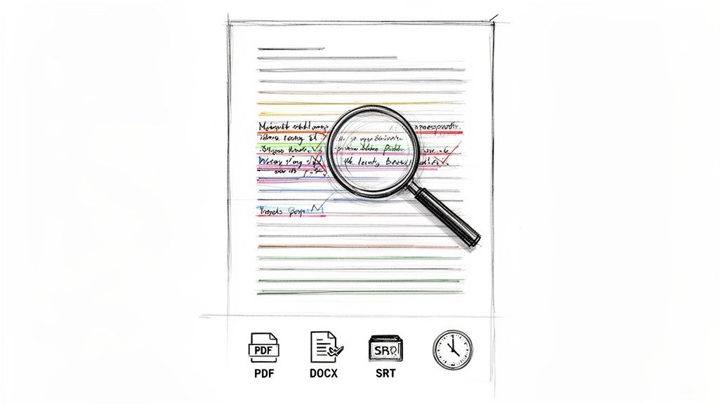 A sketch of a document with colorful handwriting, magnified by a loupe, showing different file format icons below.