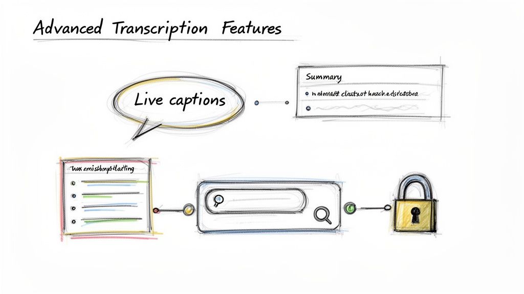 Sketch illustrating advanced transcription features, including live captions, summaries, searchable text, and secure storage.