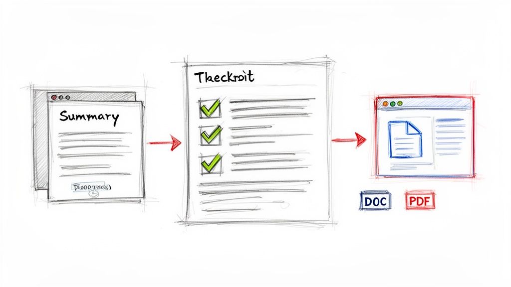 Diagram illustrates text content converting into a checked document and then outputting as DOC or PDF files.