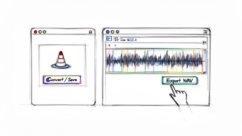 Sketch showing two software windows: one converts files, the other exports an audio WAV with a clicked button.