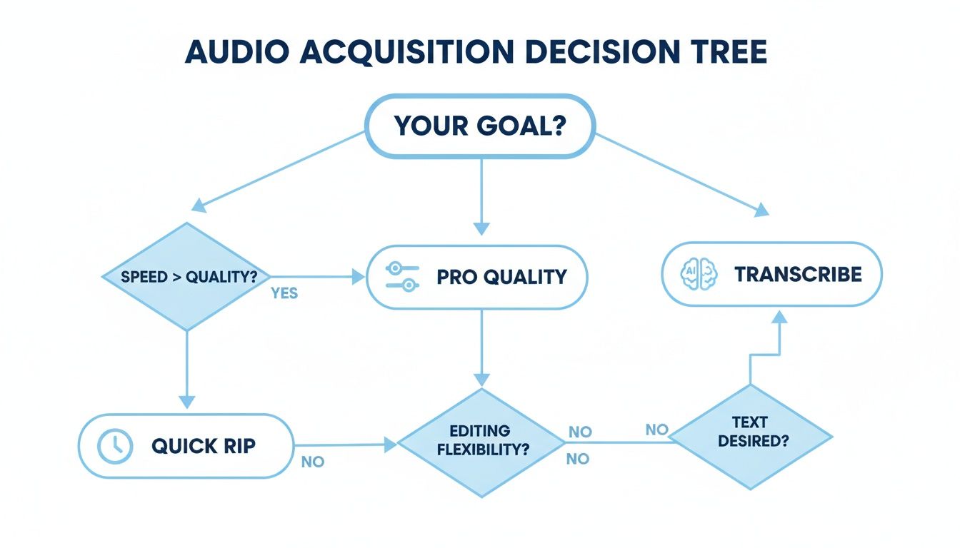 A flowchart detailing the audio acquisition decision tree, starting from a user's goal.