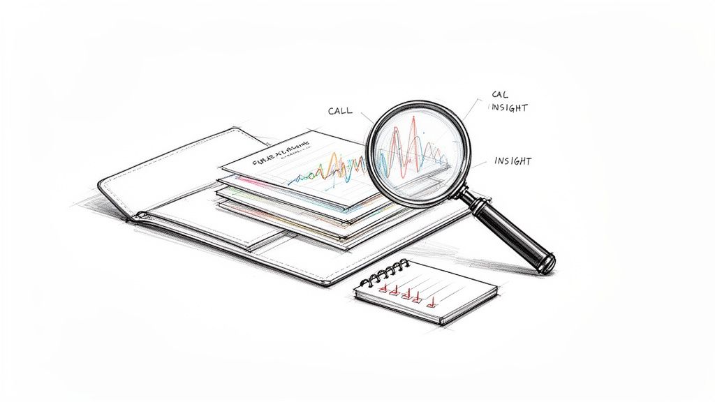 A magnifying glass examining call data graphs on documents, revealing insights, next to a notepad.