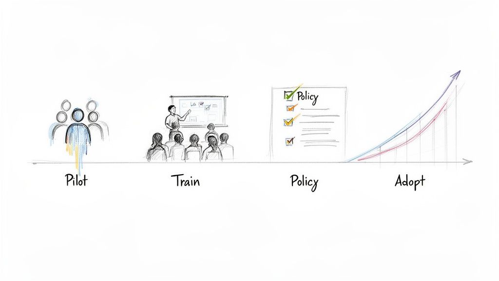 A four-stage process: Pilot, Train, Policy, and Adopt, illustrating implementation and growth.