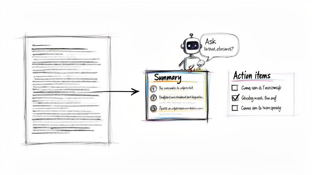 A robot converts a document into a bulleted summary and a list of action items.