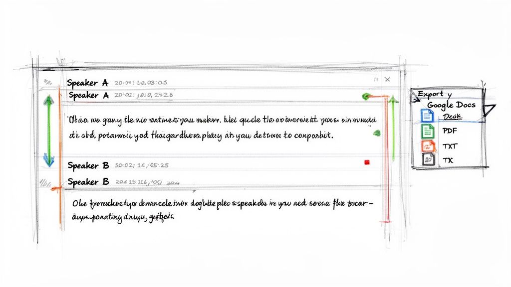 Sketch of a transcription UI showing speaker dialogue, timestamps, and export functionality to various document formats.