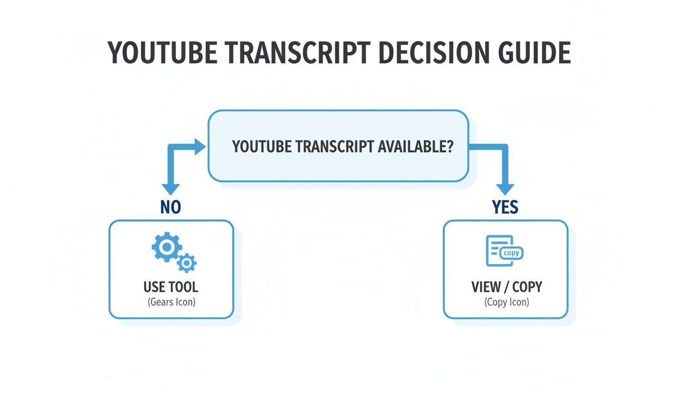 Flowchart guiding users on how to obtain YouTube transcripts: use a tool or view/copy.