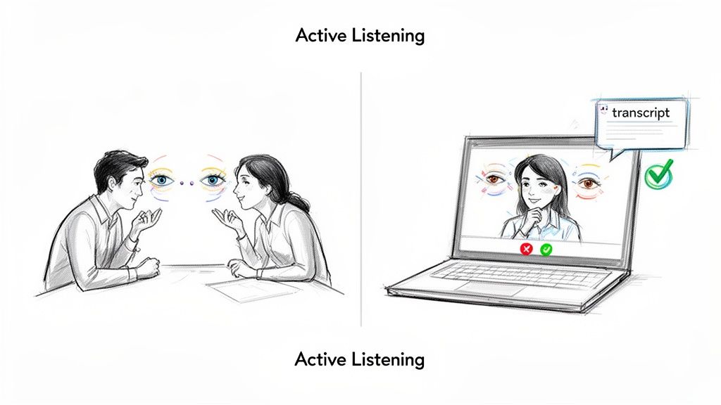 A split illustration demonstrating active listening in person and through a video call with transcript.