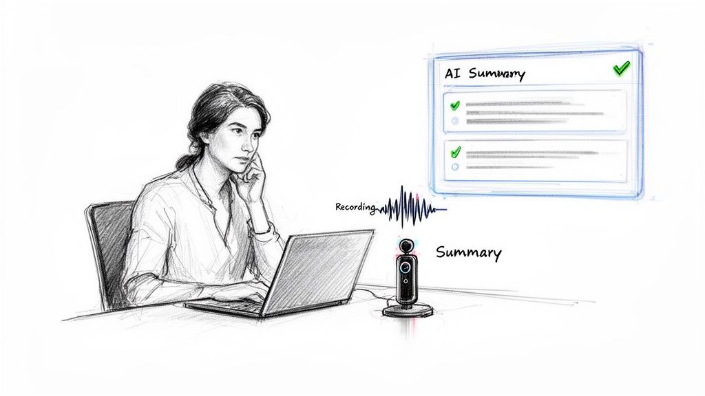 A person uses a laptop and microphone for recording, with an AI summary displayed.