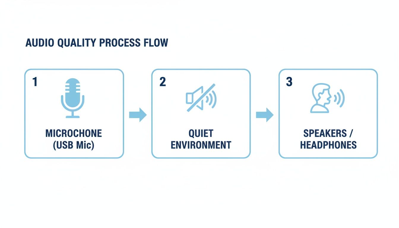 Flowchart illustrating the audio quality process, from microphone input to quiet environment, and finally to speakers or headphones output.