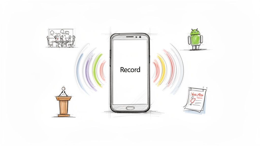 A smartphone recording audio, surrounded by illustrations of meetings, speeches, voice memos, and the Android logo.