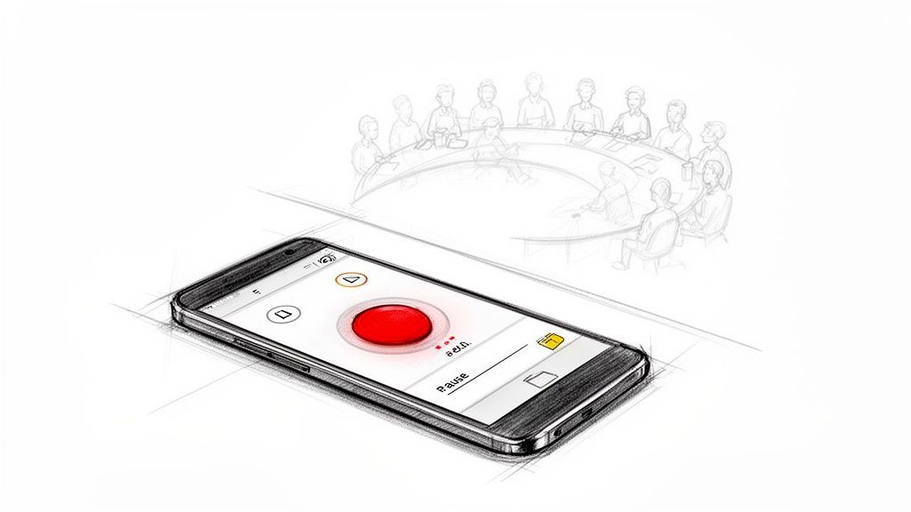 An illustration of a smartphone with a red record button, with a meeting sketch in the background.