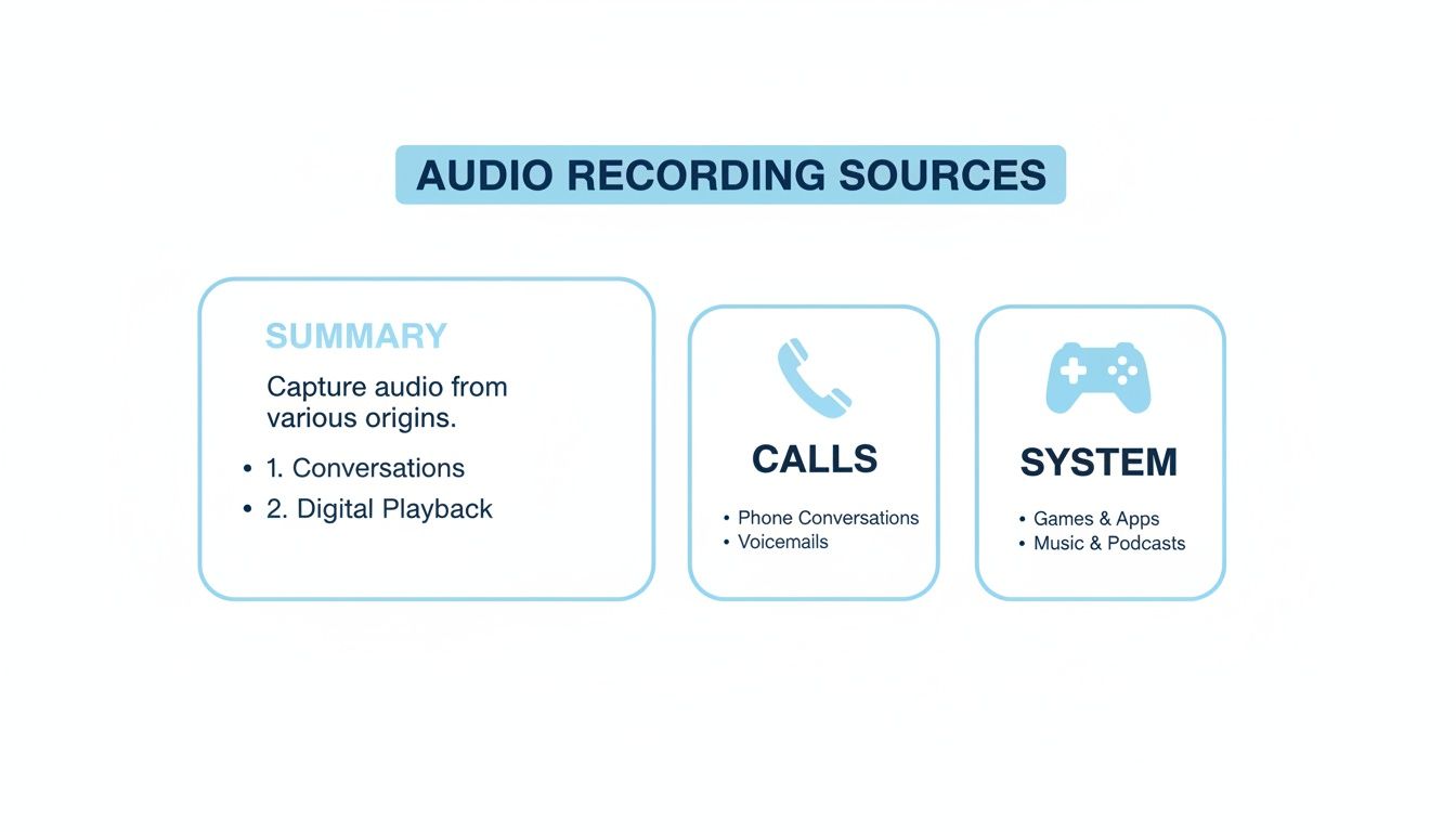 Diagram illustrating various audio recording sources, including calls, system audio, conversations, and digital playback.