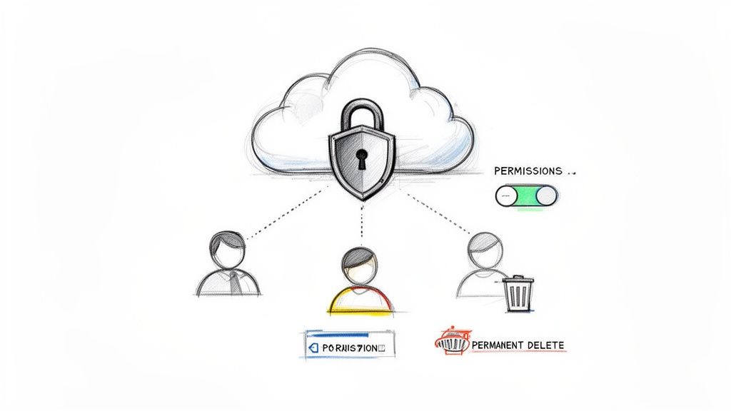 Hand-drawn diagram showing a secured cloud with a lock, connected to users managing permissions and data deletion.