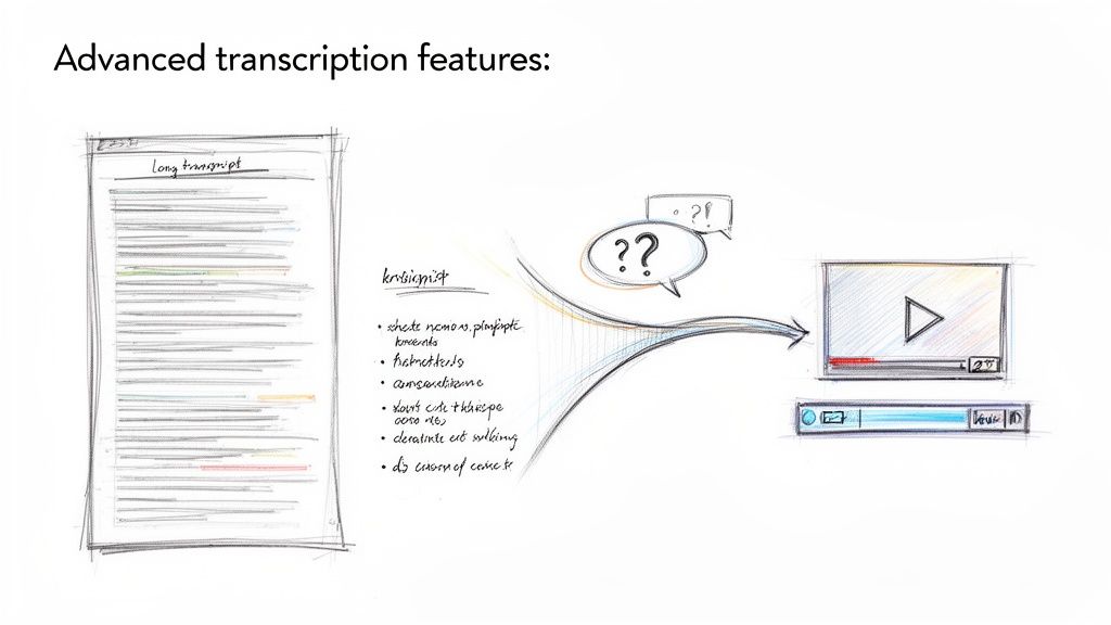 A hand-drawn illustration depicting advanced transcription features, connecting a long transcript to a video player.