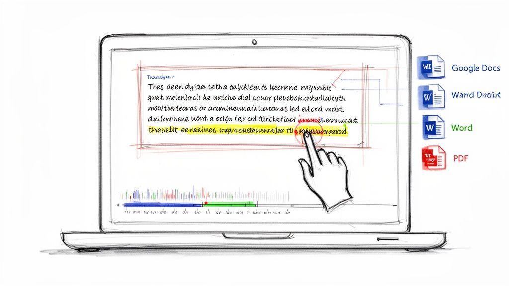A laptop screen displays a transcript being edited, with export options to Google Docs, Word, and PDF.