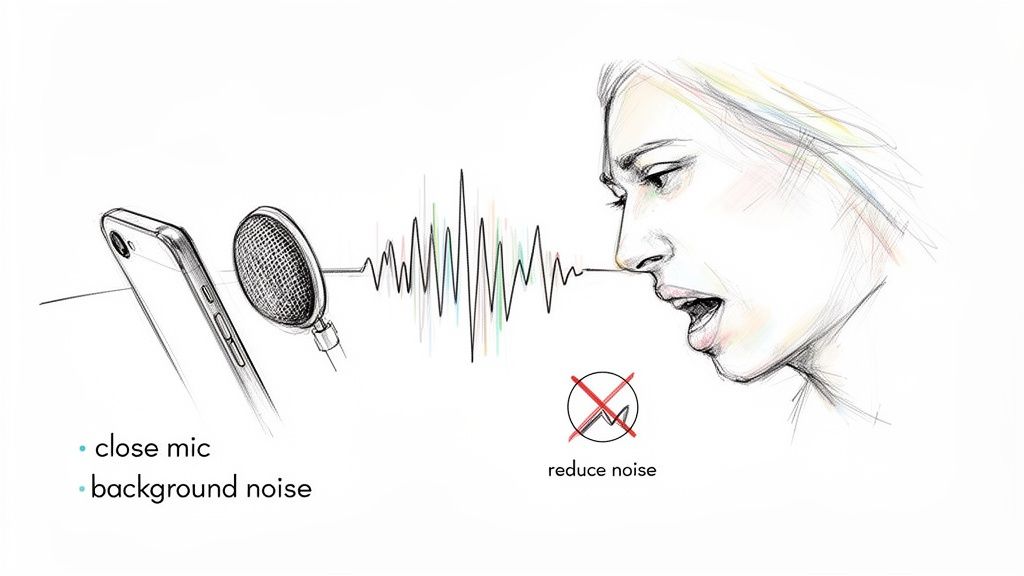 A sketch shows a person speaking into a microphone connected to an iPhone, illustrating noise reduction for voice recording.