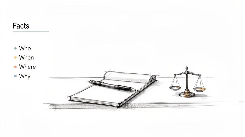 Presentation slide on 'Facts' with Who, When, Where, Why, and sketches of a notepad, pen, and justice scale.