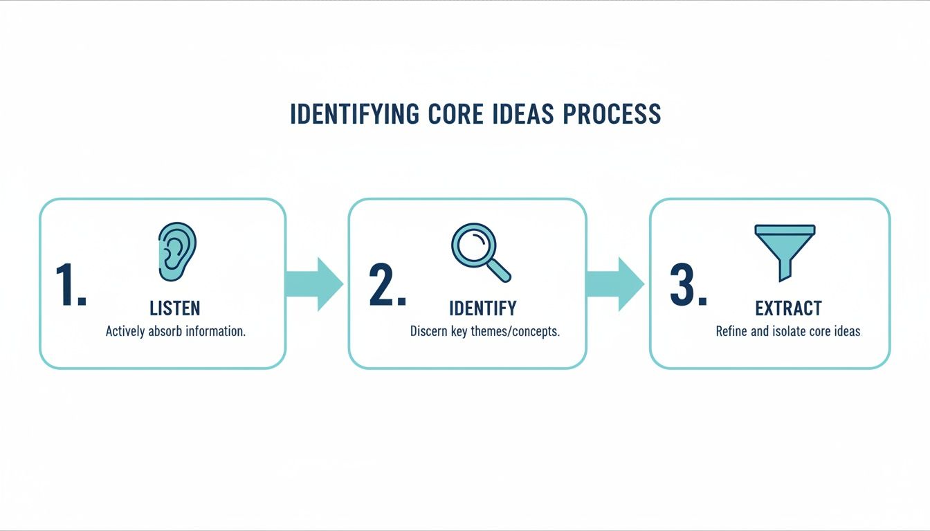 A three-step process flowchart for identifying core ideas: listen, identify, and extract information.