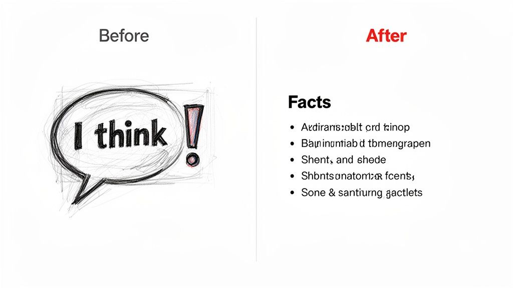 A visual comparison showing a 'Before' section with a 'I think' speech bubble and an 'After' section with a 'Facts' list.