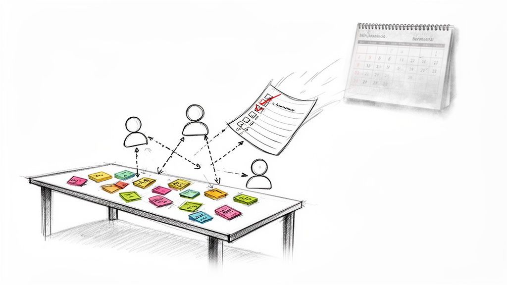 Sketch of a team using sticky notes for task management, a checklist, and a calendar.