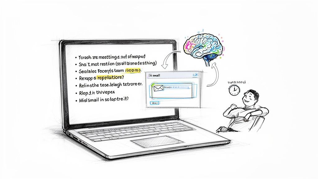 A sketch illustrating a brain generating an email draft on a laptop, with a happy person and clock.