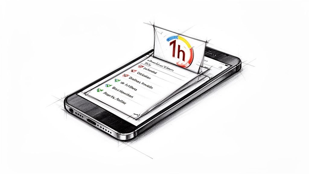 A creative sketch of a smartphone with a task list and a 1-hour deadline icon.