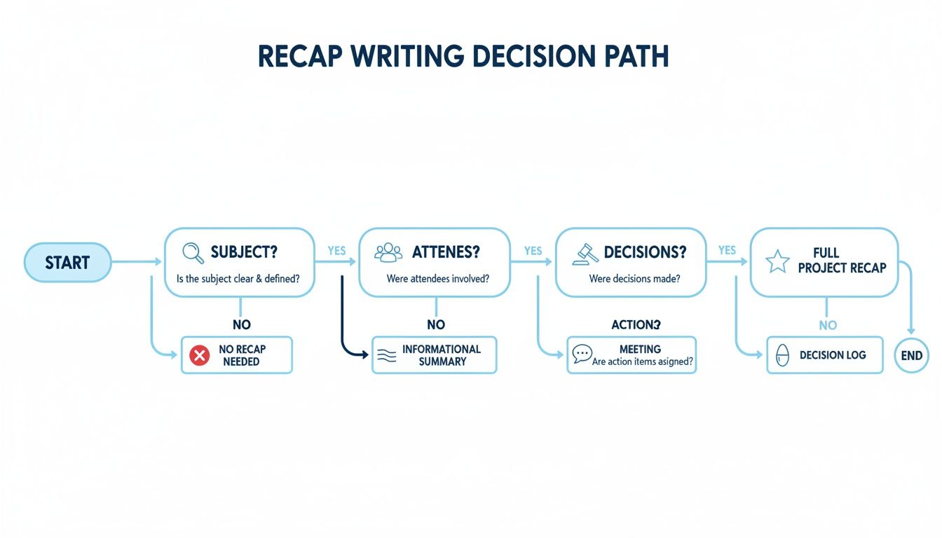A flowchart illustrating the recap writing decision path, guiding users through creating different types of recaps.