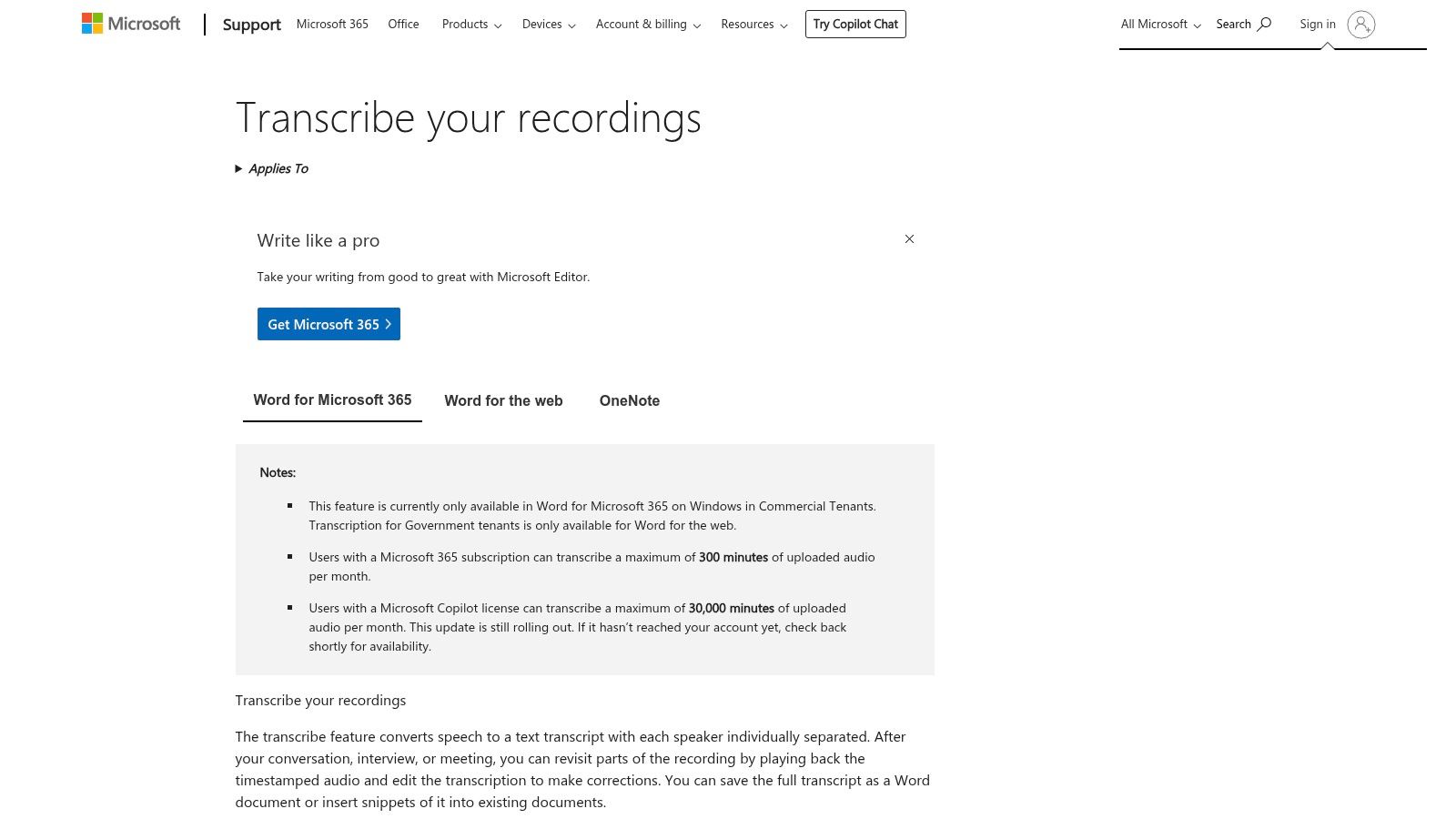 Microsoft 365 – Transcribe in Word (web)