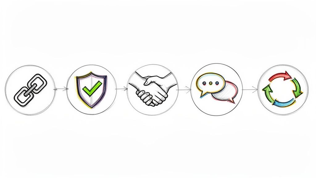 Icons showing a process: connection, security, collaboration, communication, and continuous cycle.