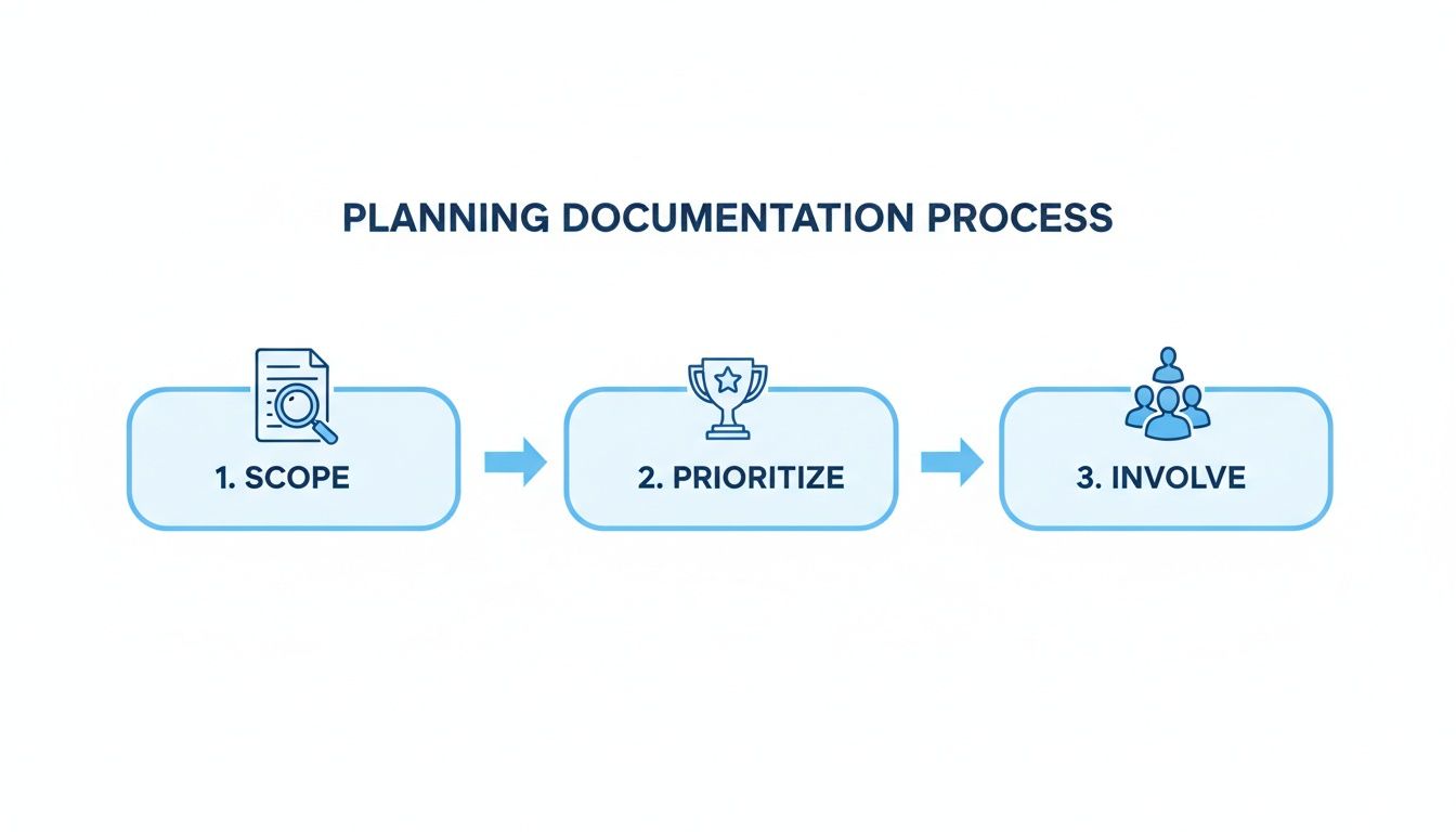 A three-step planning documentation process flowchart with scope, prioritize, and involve stages.