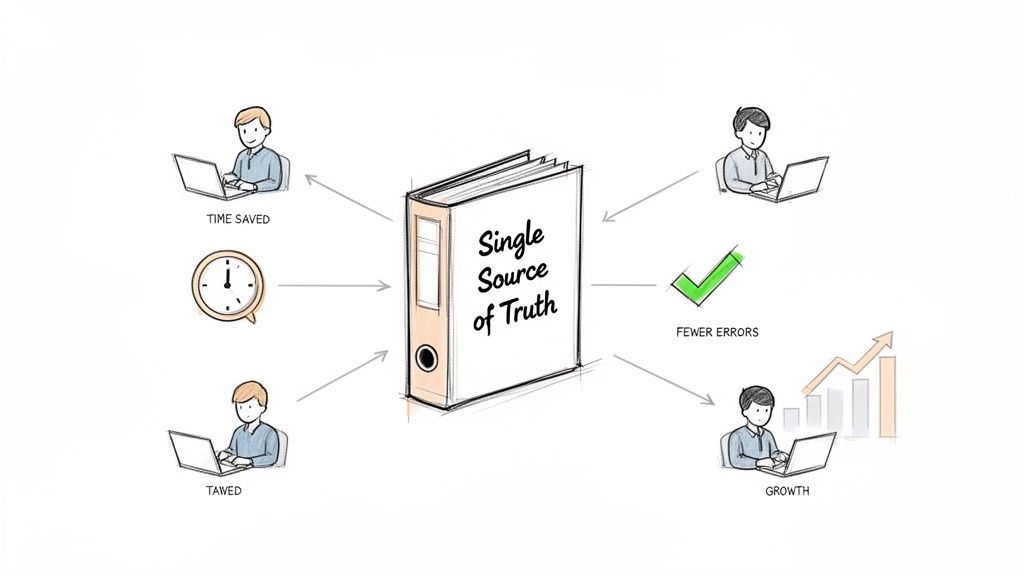 An infographic illustrating 'Single Source of Truth' leading to benefits like time saved, fewer errors, and growth.