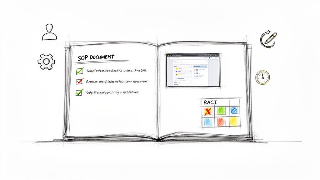 A sketch of an open SOP document book illustrating process documentation, workflow software, and a RACI matrix.
