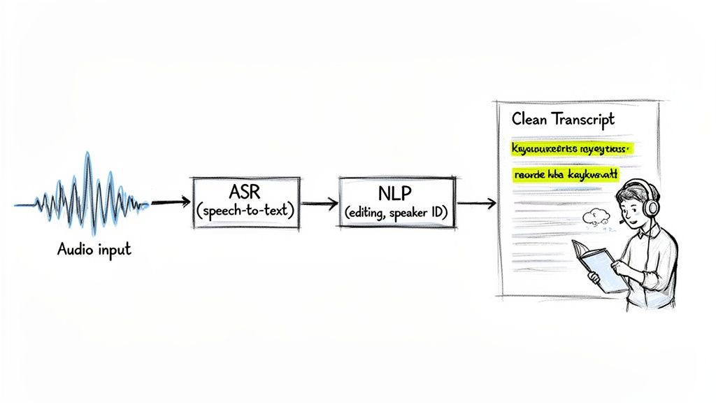 Diagram showing audio input processed by ASR (speech-to-text) and NLP, resulting in a clean transcript reviewed by a person.