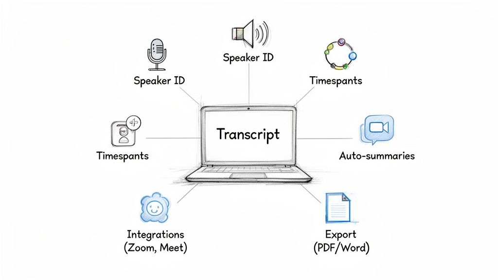 A diagram illustrates a laptop displaying 'Transcript' with surrounding features: Speaker ID, Timespans, Auto-summaries, Export, and Integrations.