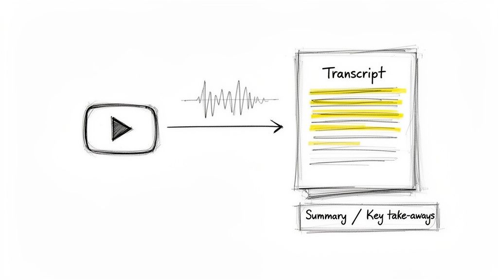 Process flow: A YouTube video converts to an audio waveform, then a text transcript, and finally a summary with key takeaways.