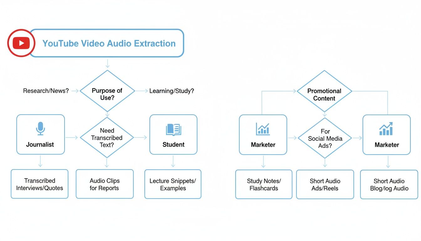 Flowchart showing various applications of YouTube video audio extraction for different user roles.