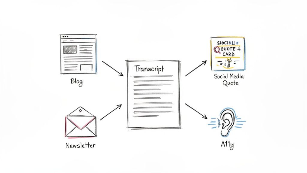 Diagram showing a transcript being repurposed into a blog post, newsletter, social media quote, and accessibility audio.