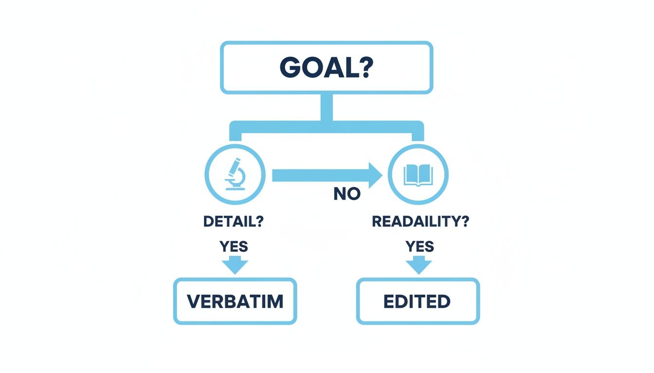 Flowchart detailing transcription options: verbatim for detail, edited for readability.