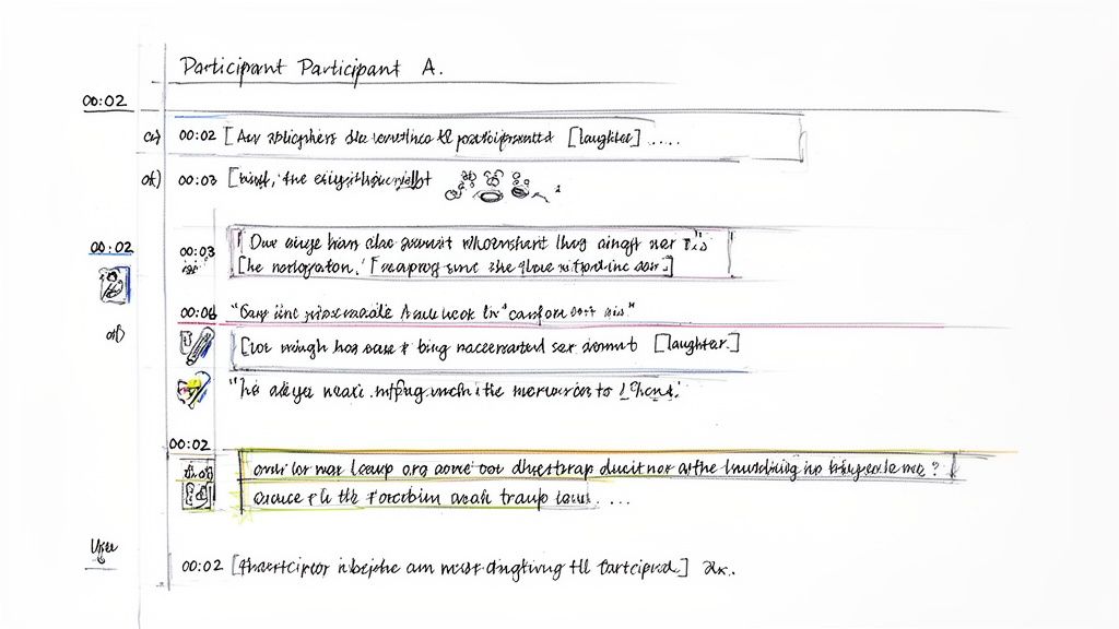 Handwritten qualitative research transcript showing participant dialogue, timestamps, and annotations.